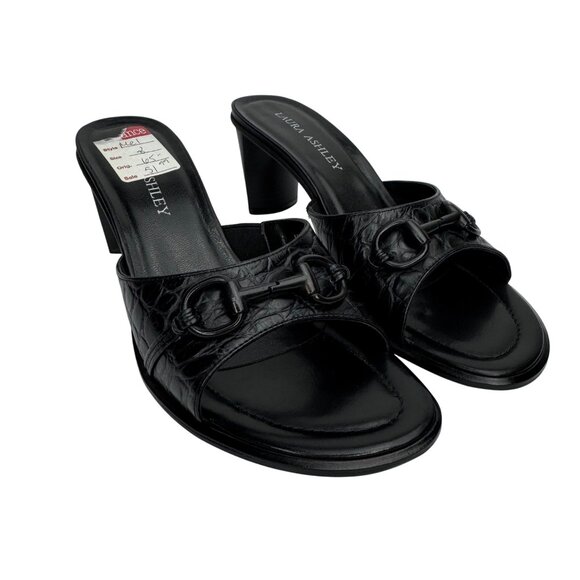 Vintage Y2K Laura Ashley Black Croc-Embossed Leather Slide Sandals Buckle Detail - Picture 1 of 11